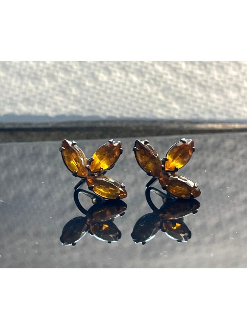 Vintage 1950s Amber Topaz Glass Marquise Cluster Statement Earrings